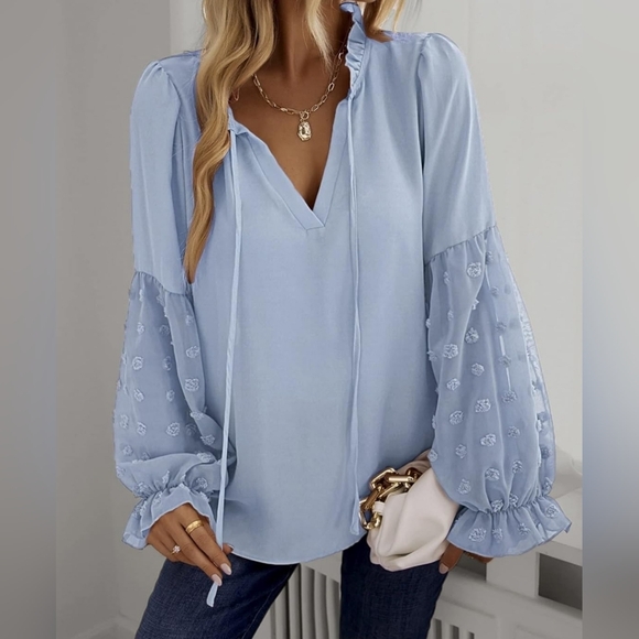 New Boho Flowy Peasant Tie Neck Swiss Dot Blouse Top Light Blue - Picture 4 of 8